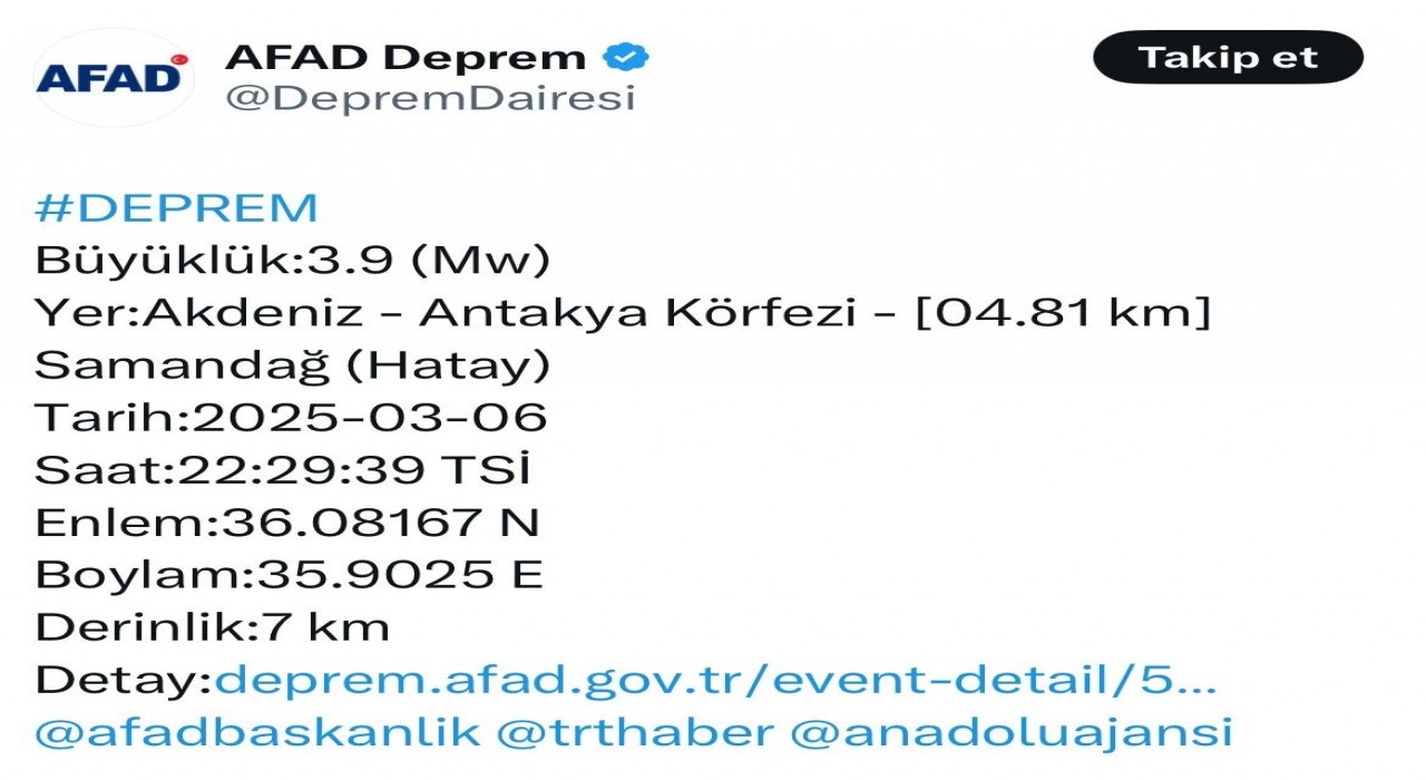 Hatayda 3.9 büyüklüğünde deprem