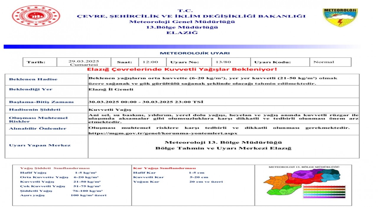 Meteorolojiden Elazığ için kuvvetli yağış uyarısı