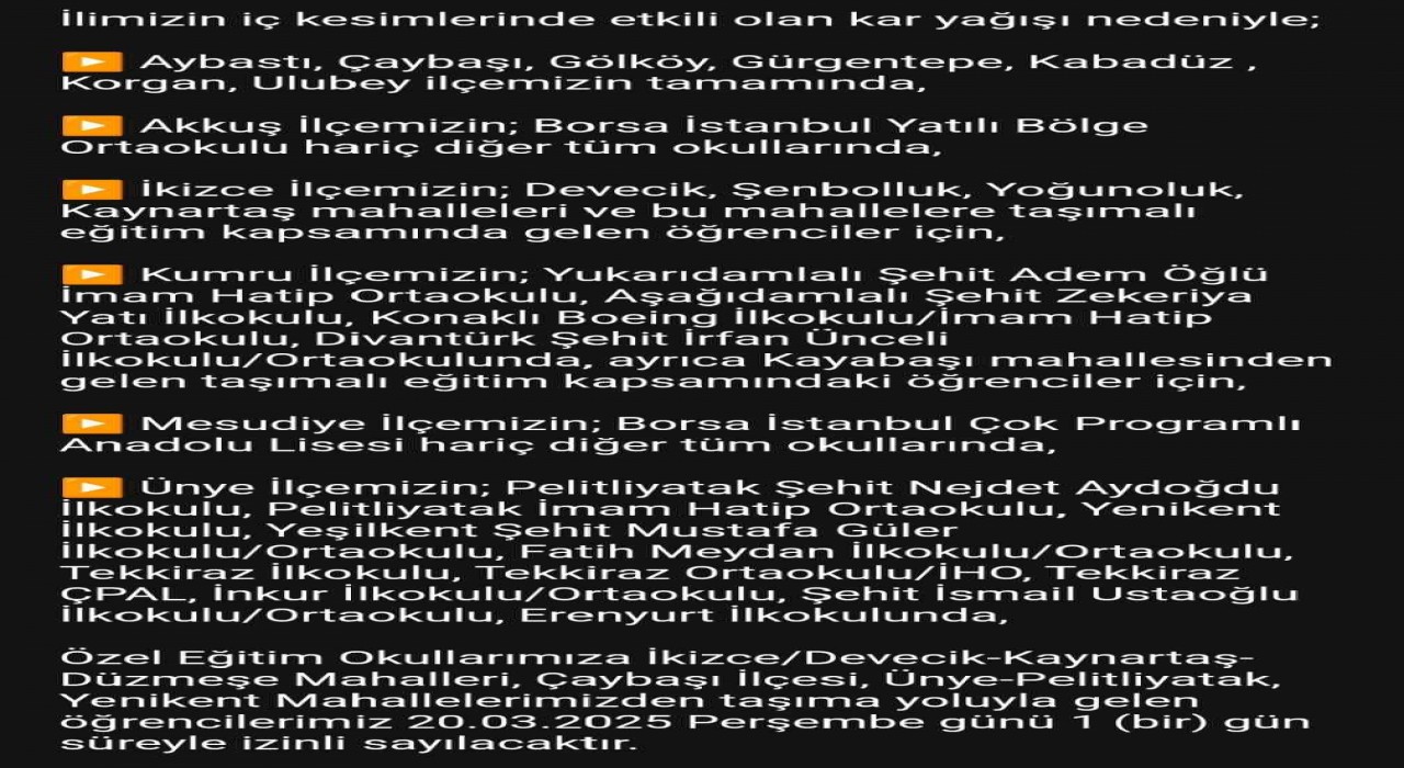 Ordunun 12 ilçesinde eğitime kar engeli