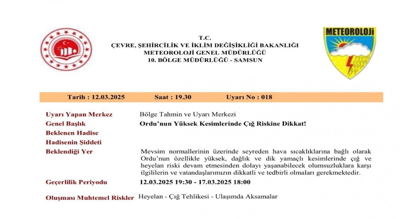 Ordunun yüksek kesimlerinde çığ riski uyarısı