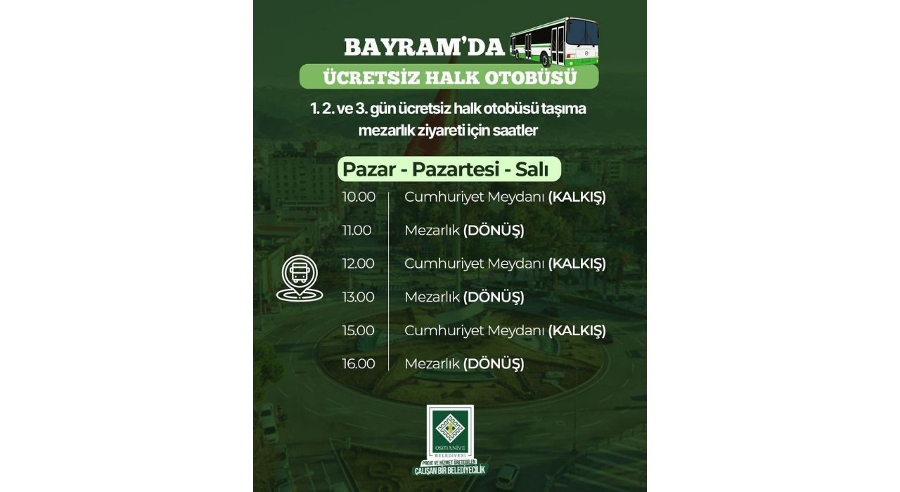 Osmaniye’de Bayramda Ücretsiz Halk Otobüsü Seferleri Düzenlenecek
