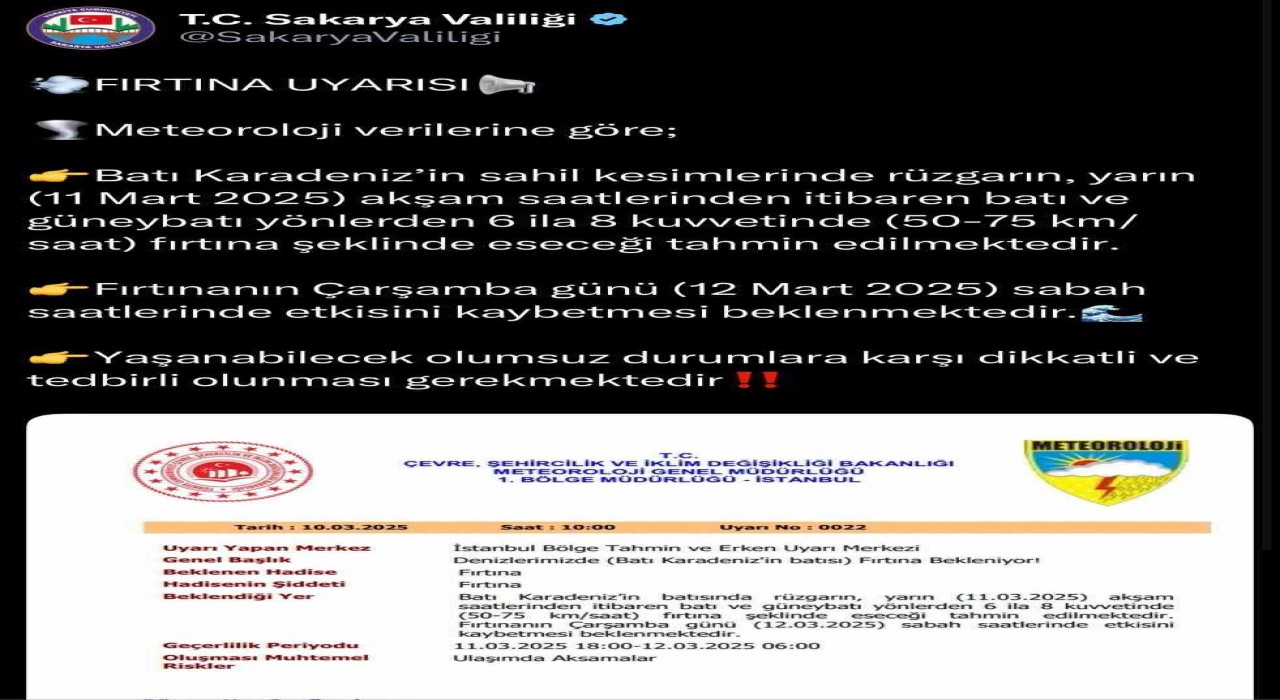 Sakaryanın sahil kesimleri için fırtına uyarısı