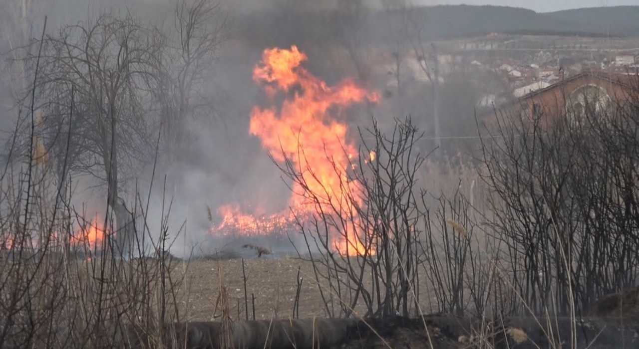 Tavşanlıda arazide çıkan yangın bahçe evlerine ulaşmadan söndürüldü