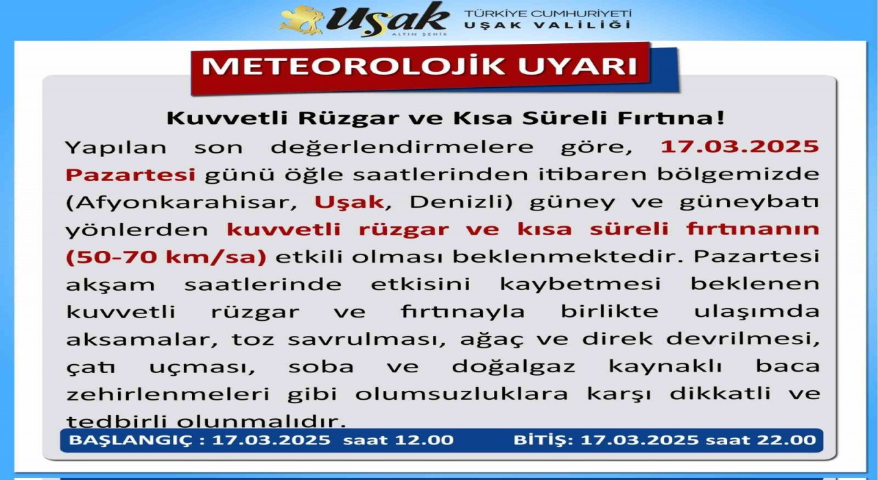 Uşak Valiliğinden kuvvetli rüzgar ve fırtına uyarısı