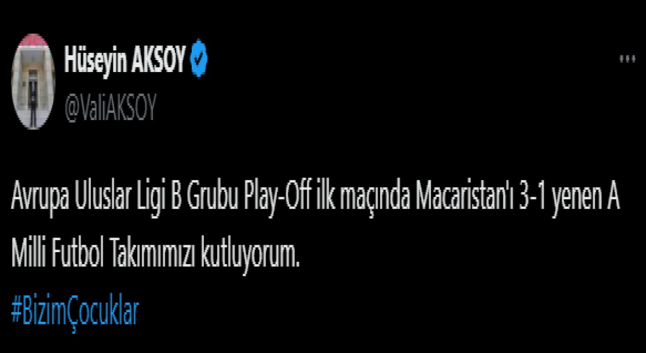 Vali Aksoydan milli takıma tebrik mesajı