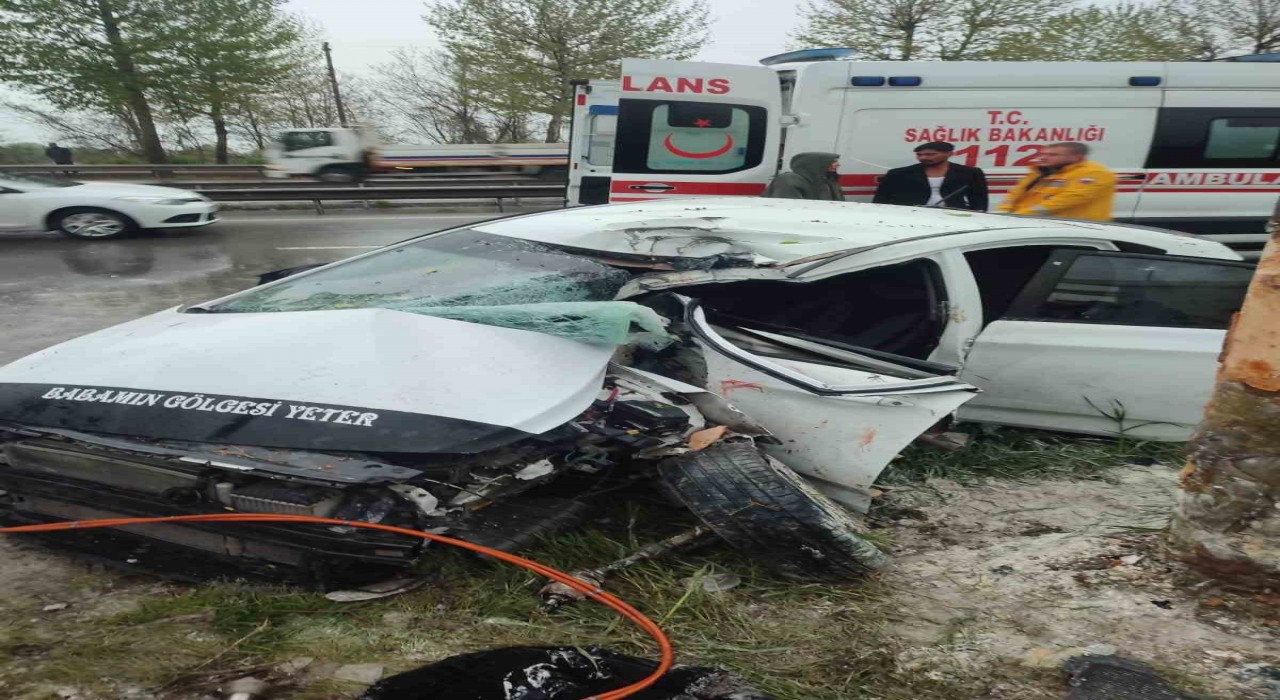 Adapazarında ağaca çarpıp hurdaya dönen otomobildeki 2 kişi yaralandı