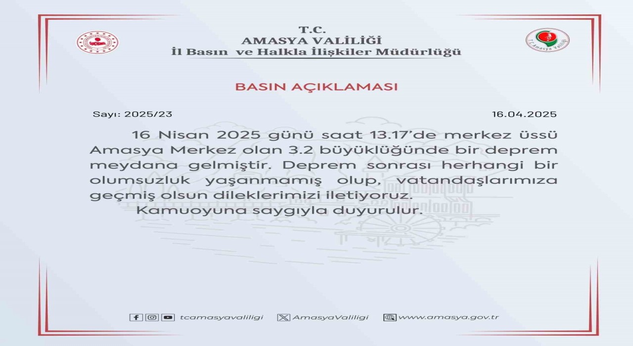 Amasya Valiliğinden 3.2 depremle ilgili açıklama: Bir olumsuzluk yok