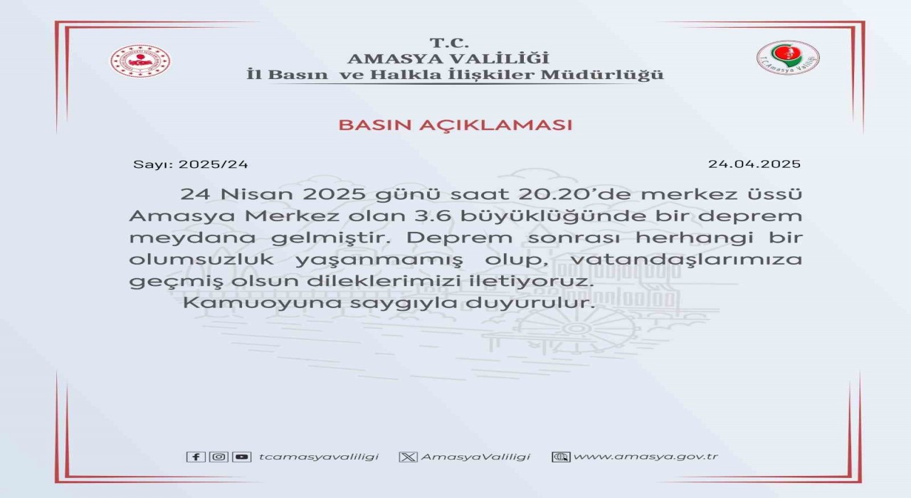 Amasya Valiliğinden deprem sonrası açıklama: Depremde bir olumsuzluk yaşanmamıştır
