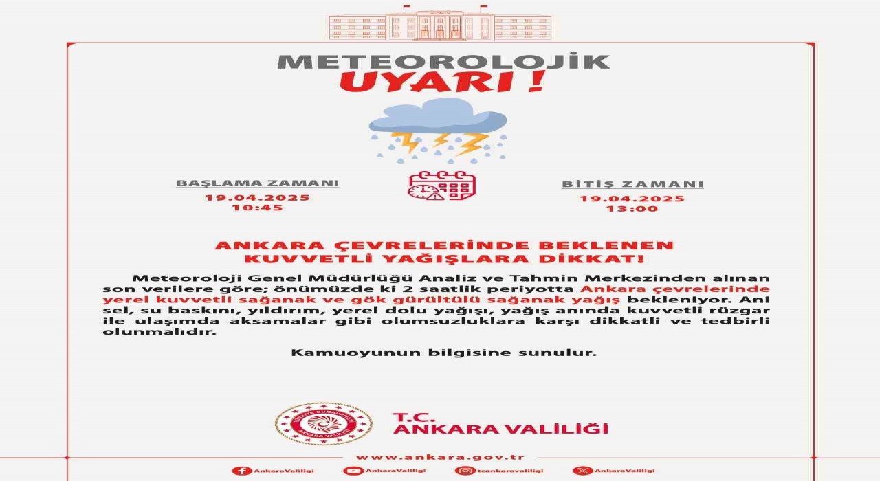 Ankara Valiliği uyardı: Kuvvetli yağışlara dikkat