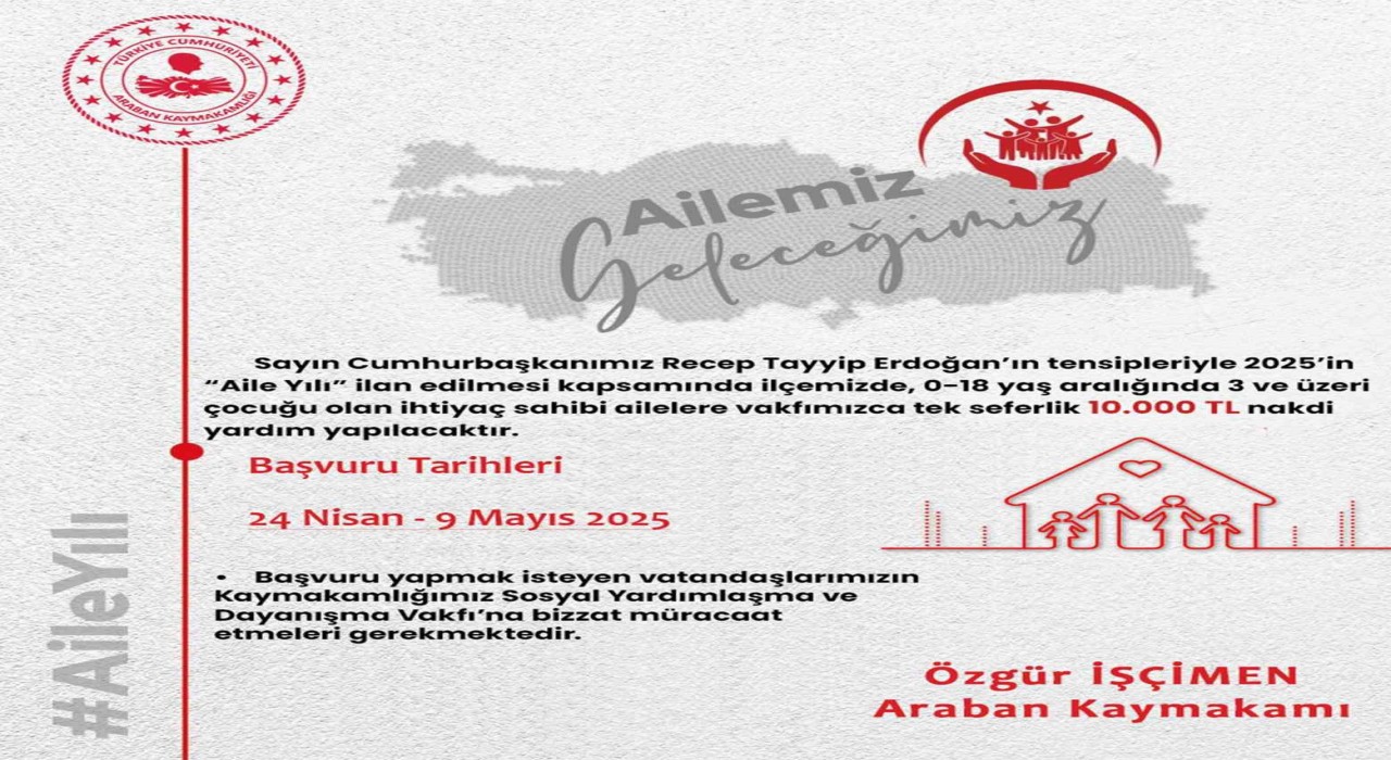 Arabanda ihtiyaç sahibi ailelere 10 bin TL nakdi yardım yapılacak