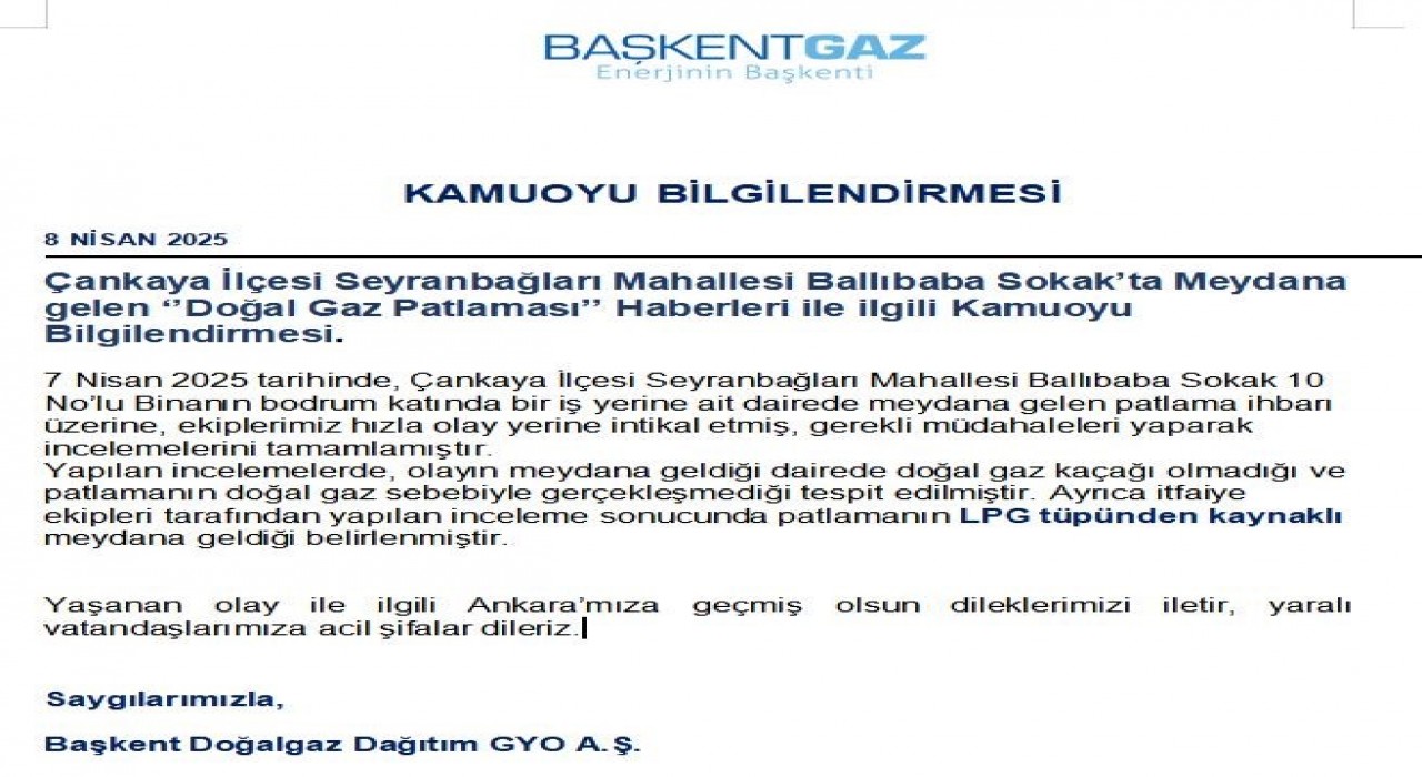 Başkentte gerçekleşen patlamanın LPG tüpünden kaynaklı olduğu belirlendi