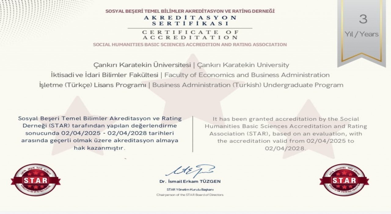 Çankırı Karatekin Üniversitesindeki bir bölüme 3 yıllık akreditasyon belgesi