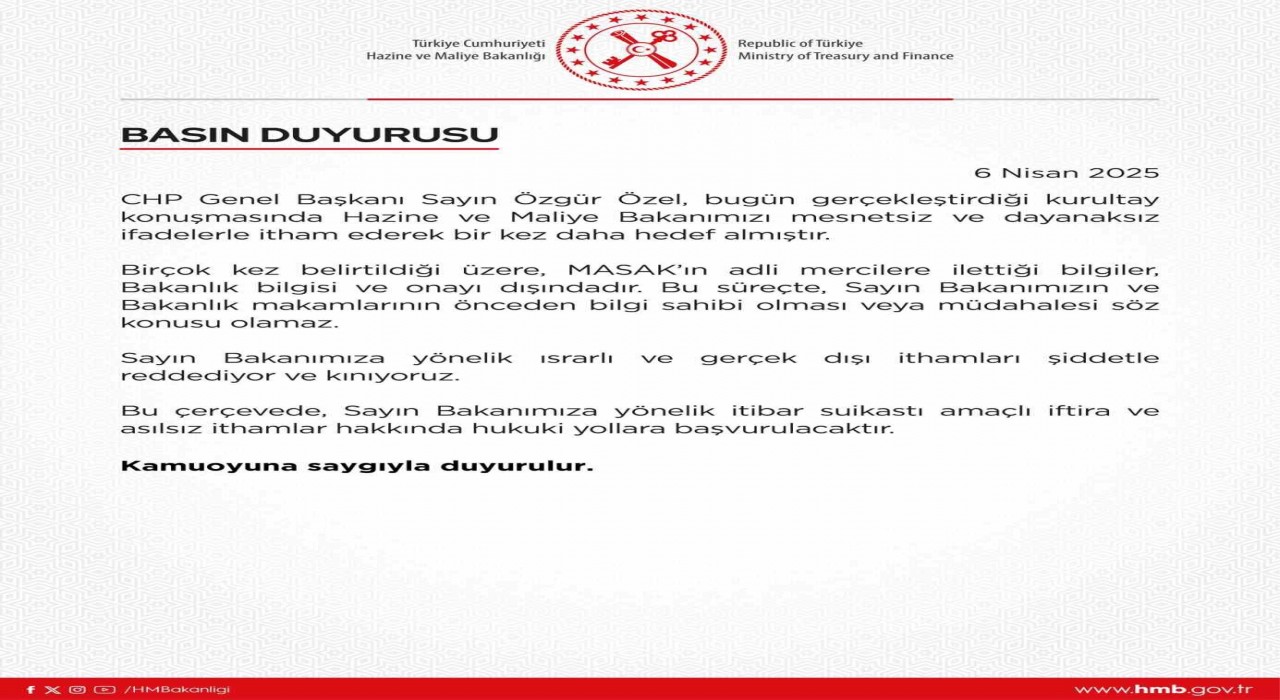 CHP Genel Başkanı Özelin iddialarına Hazine ve Maliye Bakanlığından tepki