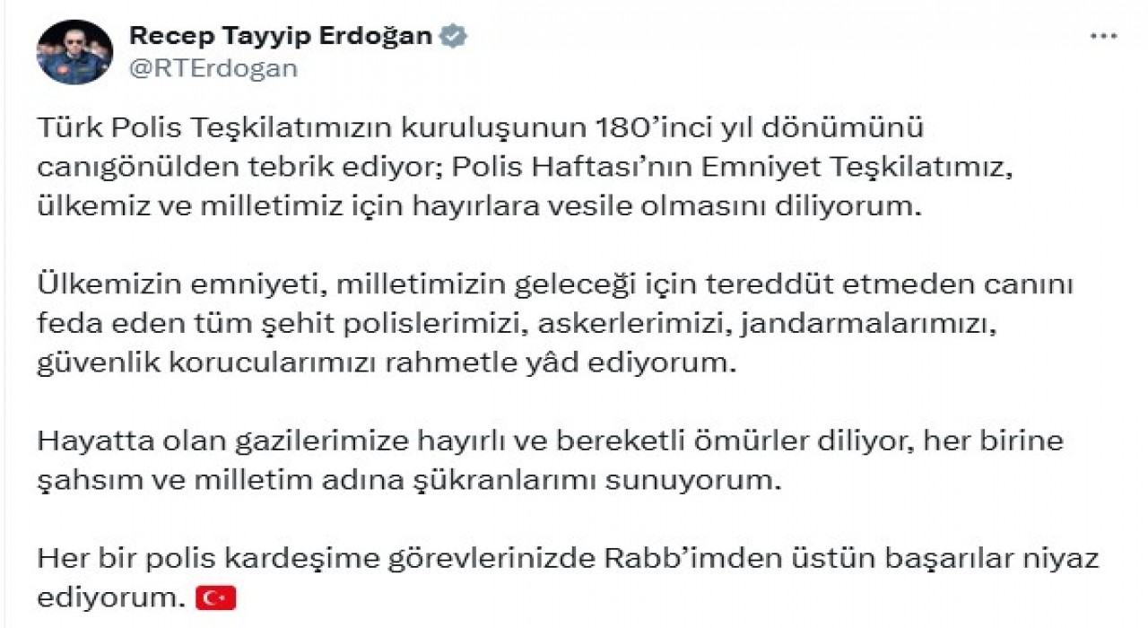 Cumhurbaşkanı Erdoğan, Polis Teşkilatının 180inci yılını kutladı