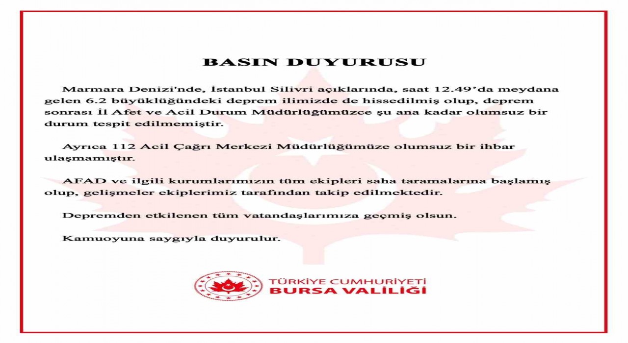 Depremle ilgili Bursa Valiliğinden açıklama