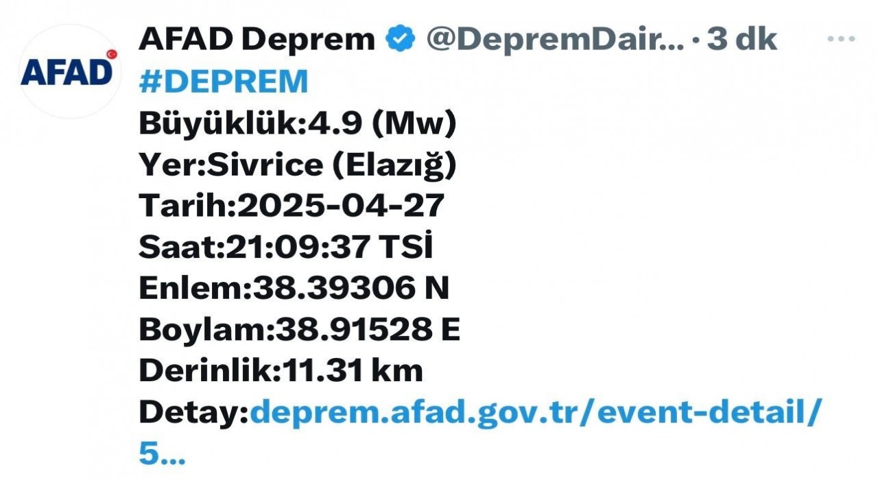 Elazığda 4,9 büyüklüğünde deprem
