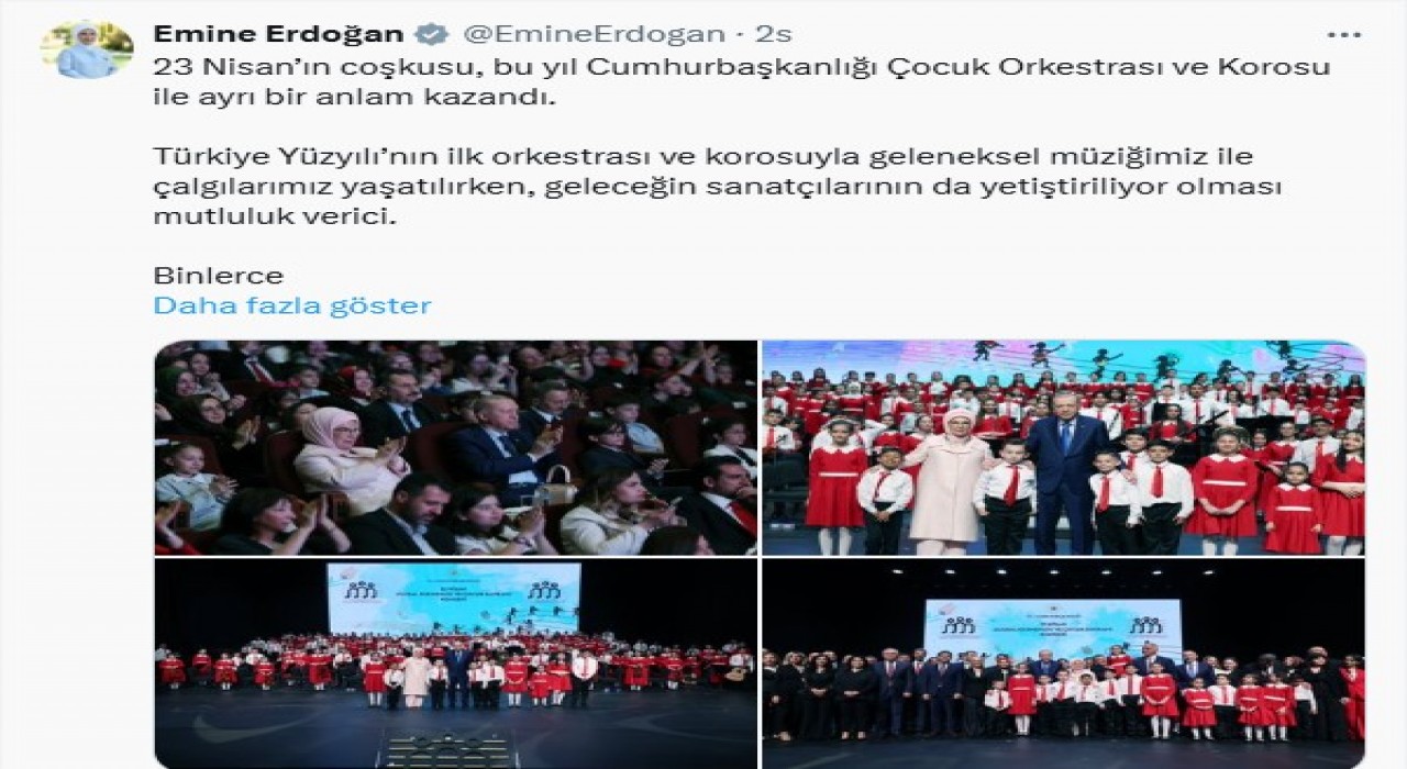 Emine Erdoğandan Cumhurbaşkanlığı Çocuk Orkestrası ve Korosu paylaşımı