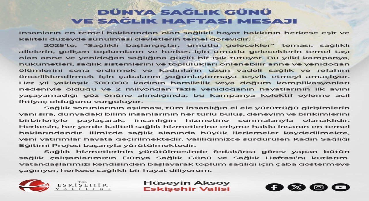 Eskişehir Valisi Aksoydan Dünya Sağlık Günü mesajı