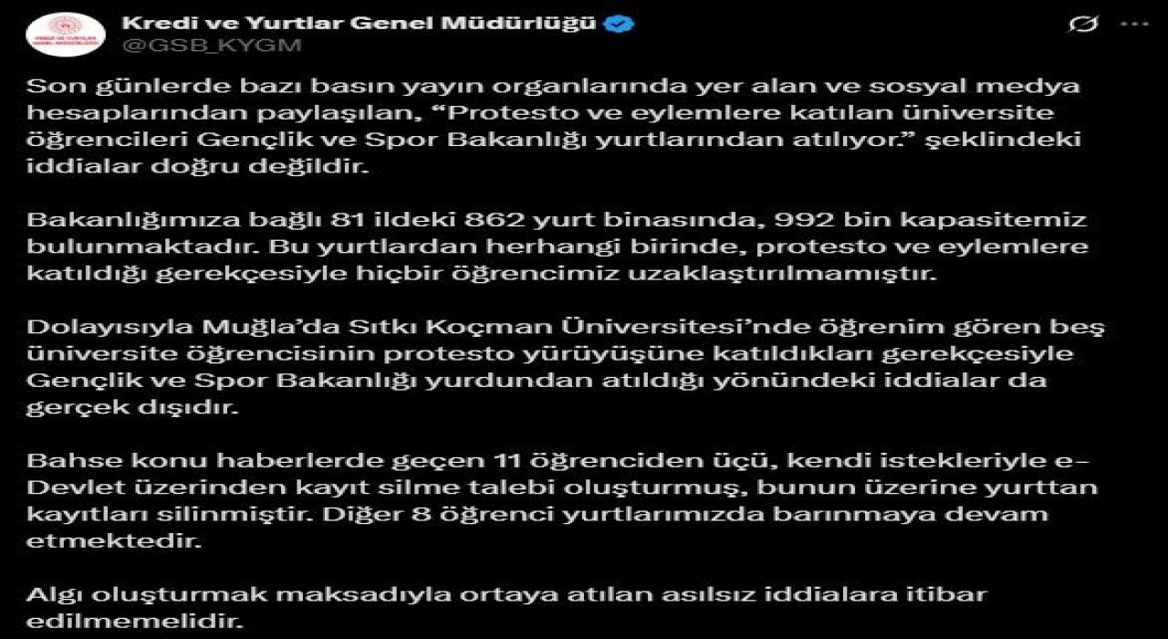 Eylemlere katılan gençlerin yurttan atıldığı iddiasına KYKdan yalanlama