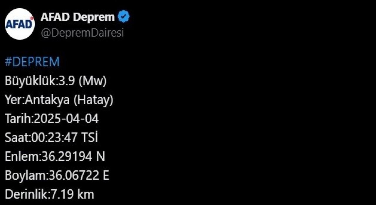 Hatayda 3.9 büyüklüğünde deprem