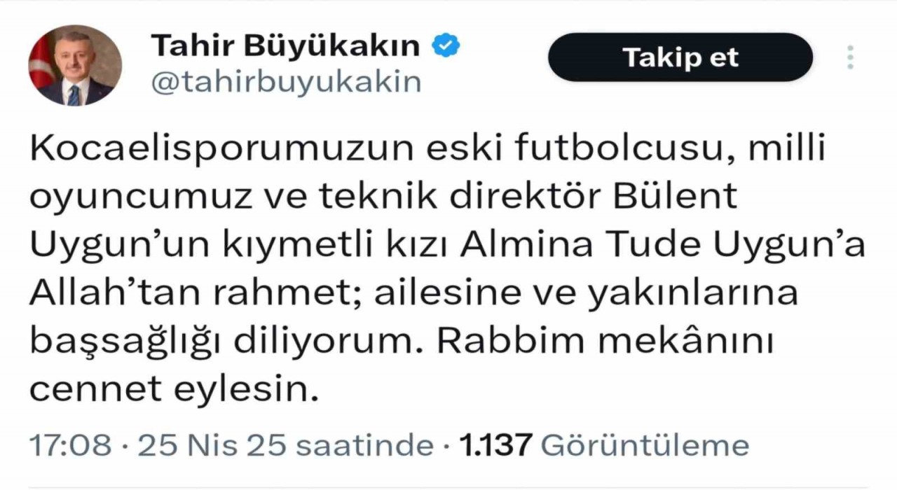 Kocaelispor Kulübü ve Tahir Büyükakından Bülent Uyguna başsağlığı mesajı