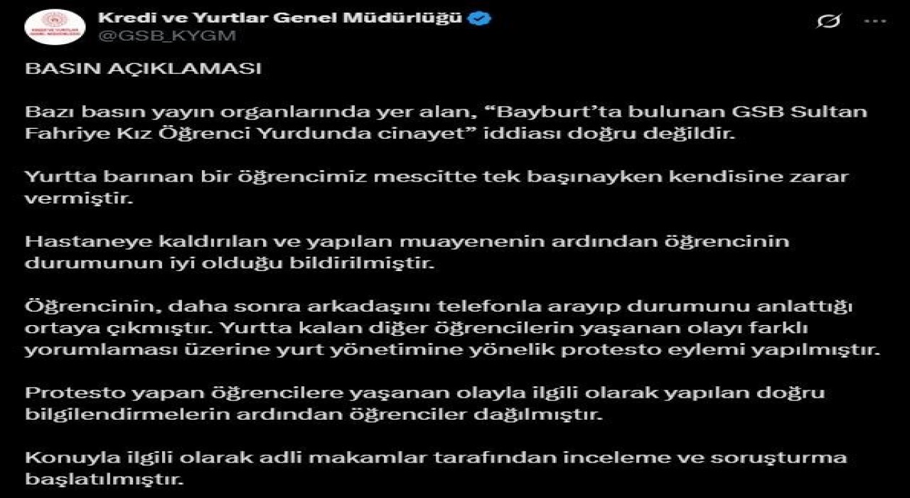 KYK, Bayburtta yurtta cinayet işlendiği iddiasını yalanladı
