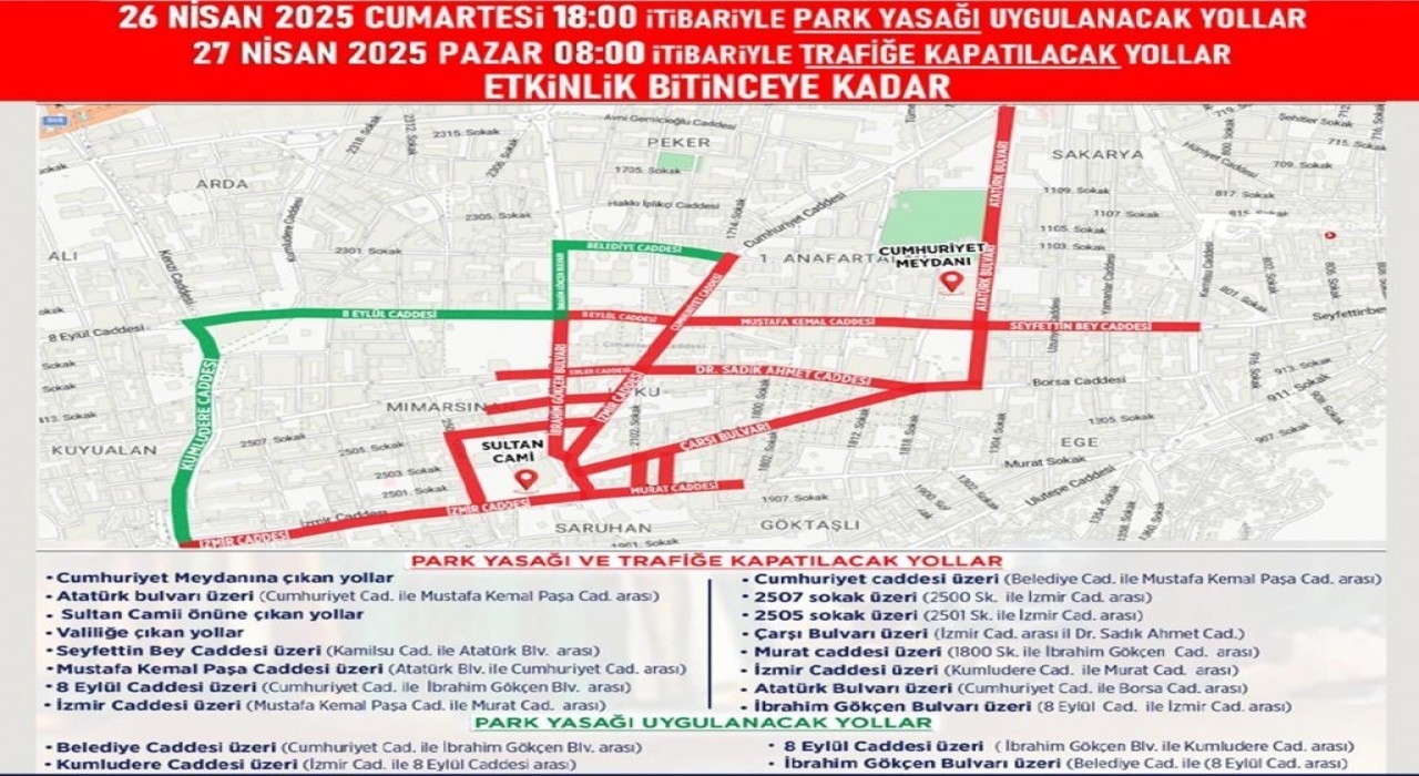 Manisada çok sayıda yol ve sokak trafiğe kapatılacak