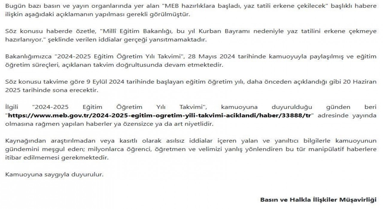 MEBden erken yaz tatili iddialarına yalanlama