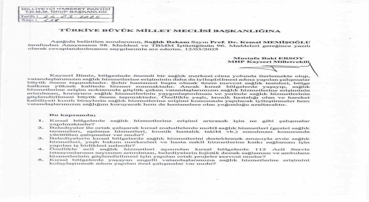 MHPli Ersoydan sağlık hizmeti soru önergesi