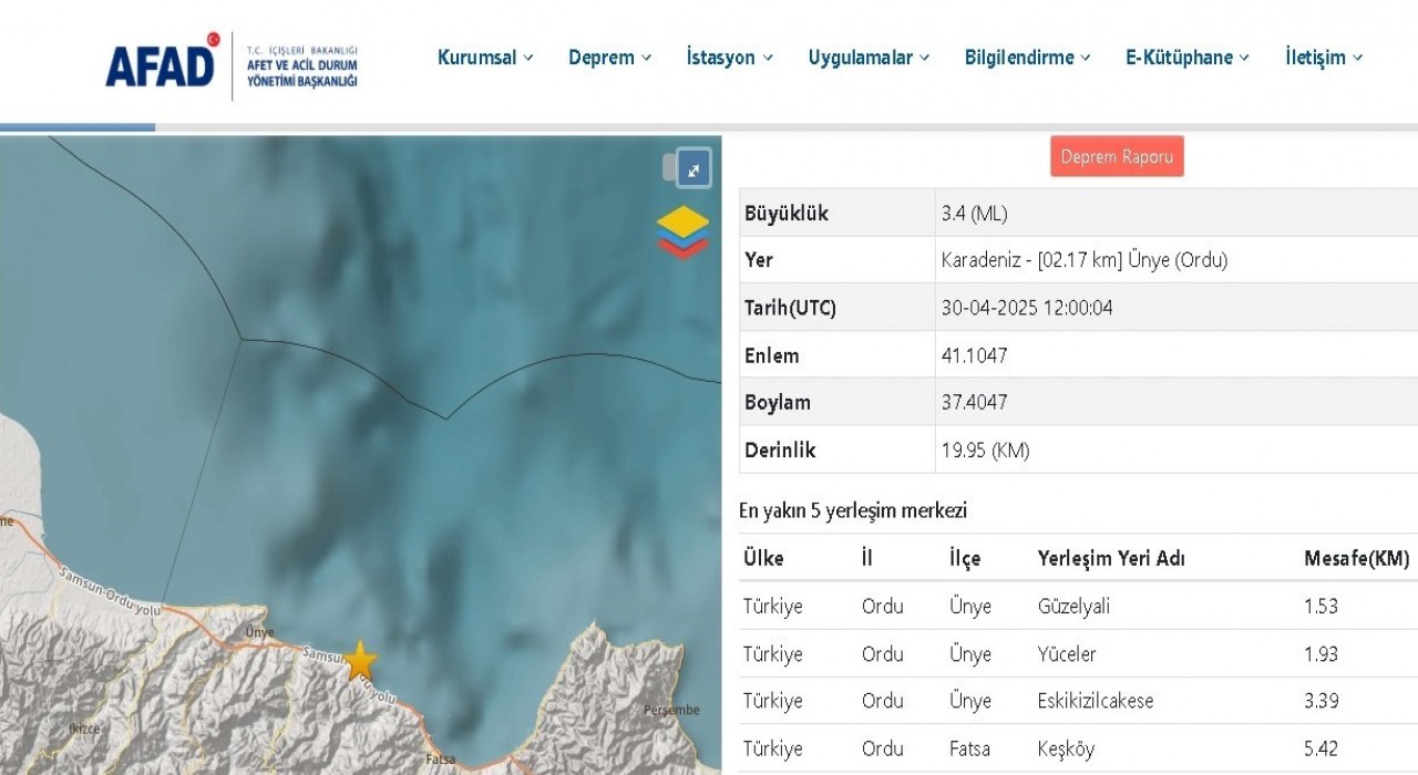 Orduda 3.4 büyüklüğünde deprem
