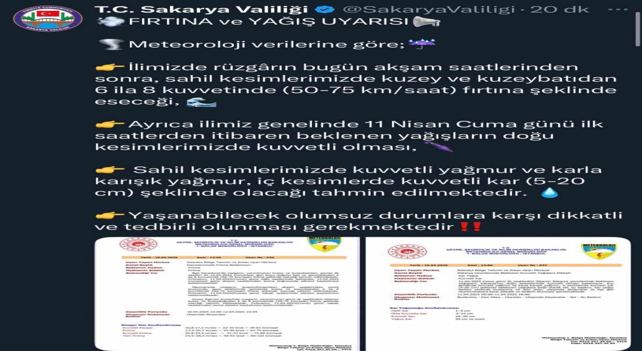 Sakaryada fırtına ve yağış uyarısı