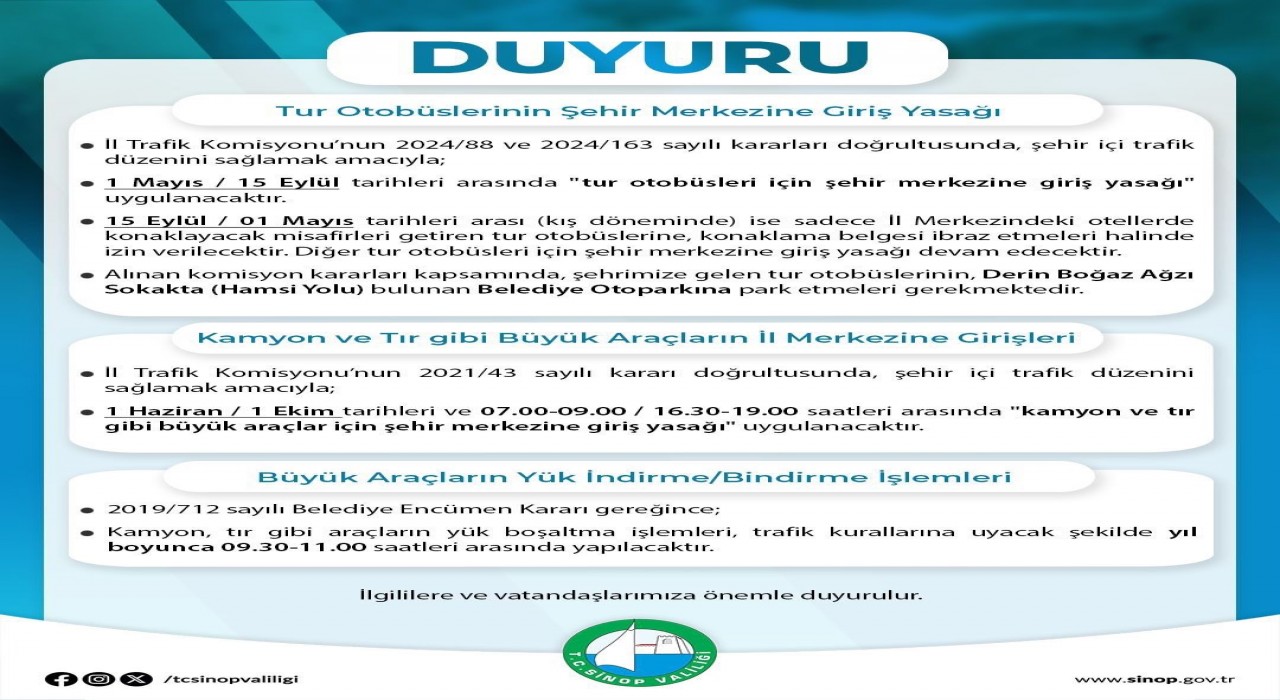 Sinopta tur otobüslerinin şehir merkezine girişine yasak