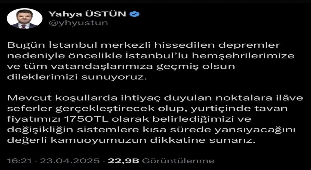 THYden deprem sonrası bilet düzenlemesi
