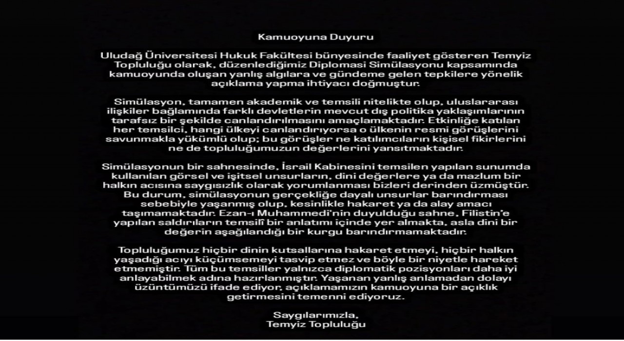 Uludağ Üniversitesinden ezan ve Filistin açıklaması