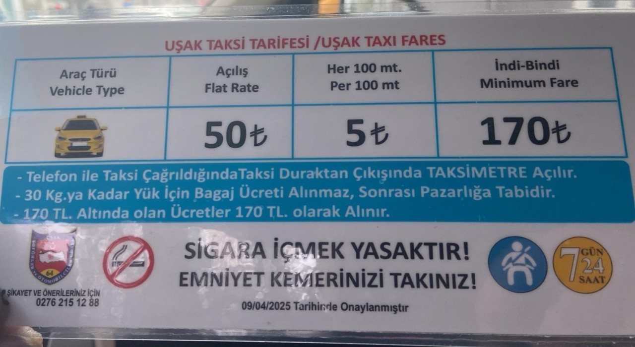 Uşakta taksi indi-bindi ücreti 170 TL oldu