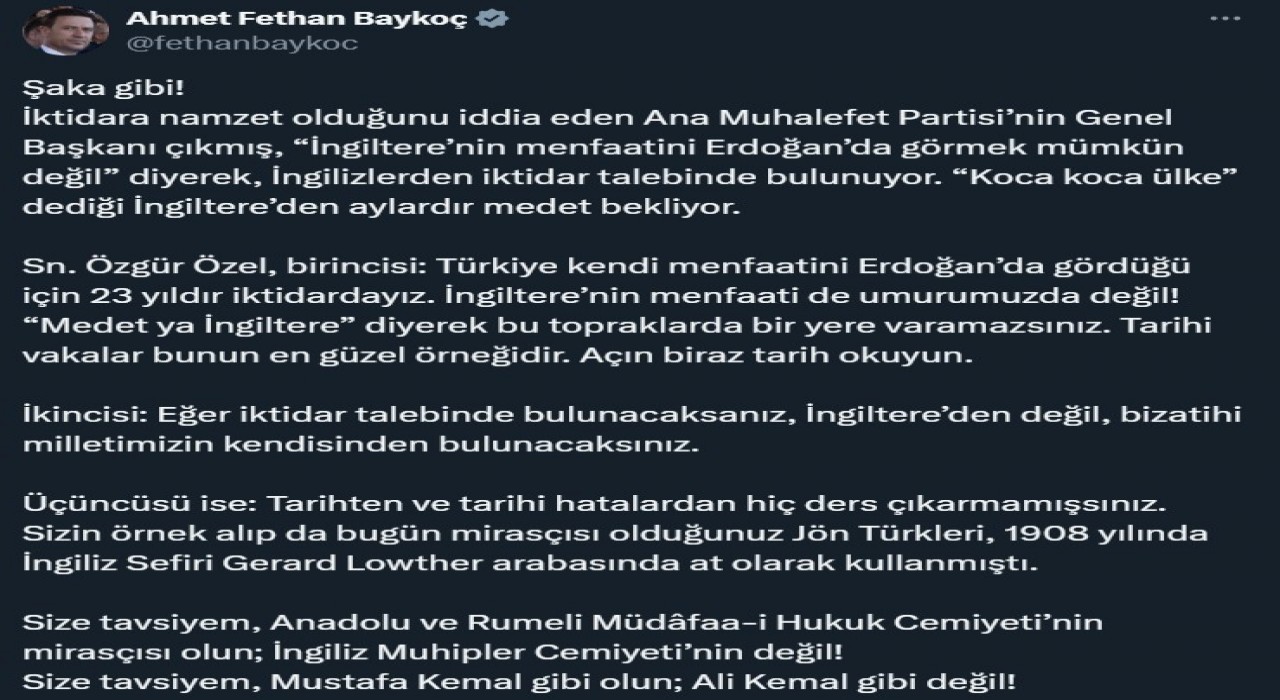 AK Partili Baykoçtan Özgür Özele tepki: Mustafa Kemal gibi olun; Ali Kemal gibi değil