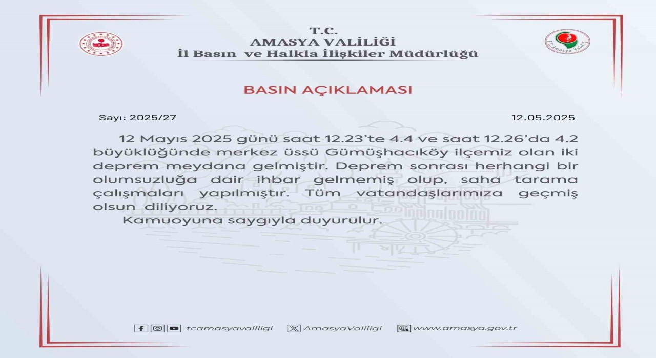 Amasya Valiliği: Deprem sonrası herhangi bir olumsuzluğa dair ihbar gelmedi