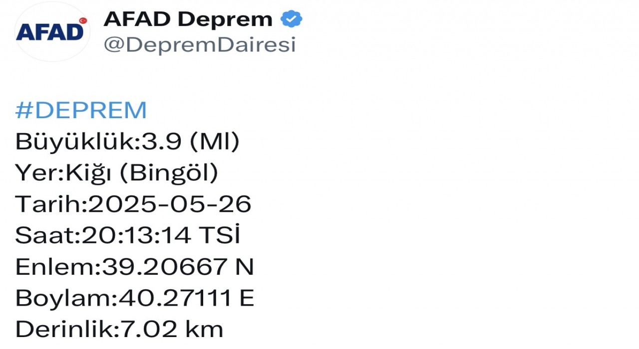 Bingölde 3.9 büyüklüğünde deprem