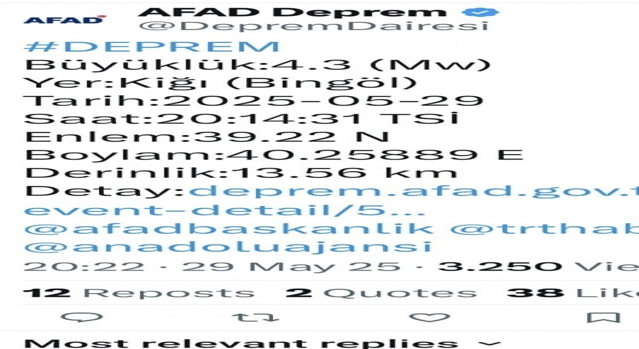 Bingölde 4,3 büyüklüğünde deprem