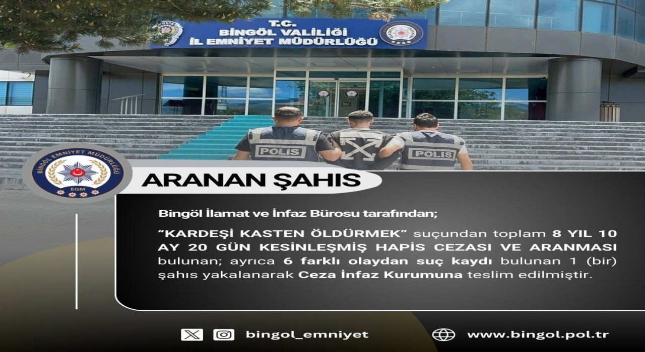 Bingölde 8 yıl kesinleşmiş hapis cezası bulunan zanlı yakalandı