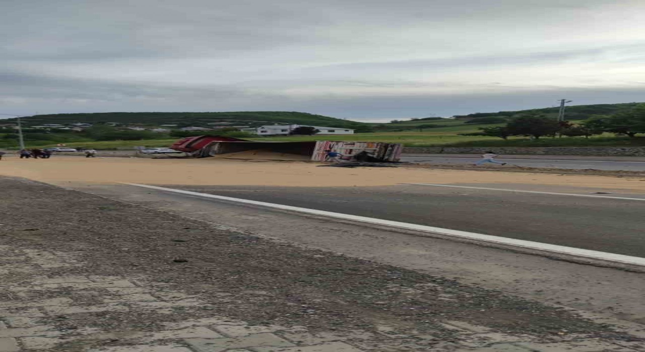 Bingölde buğday yüklü tır devrildi, yol trafiğe kapandı