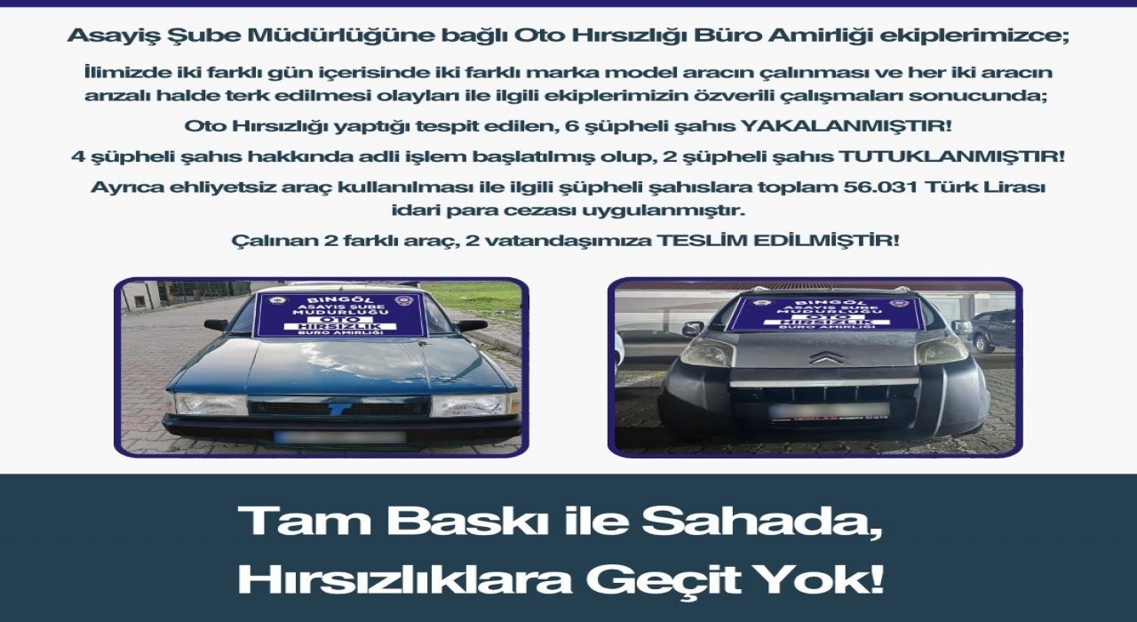Bingölde oto hırsızlığı yapan 6 şüpheli yakalandı