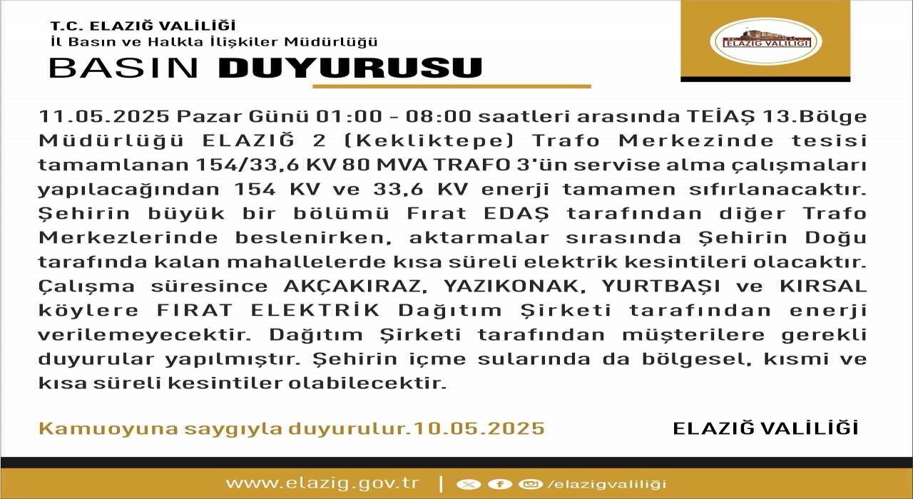Elazığda elektrik kesintisi yaşanacak