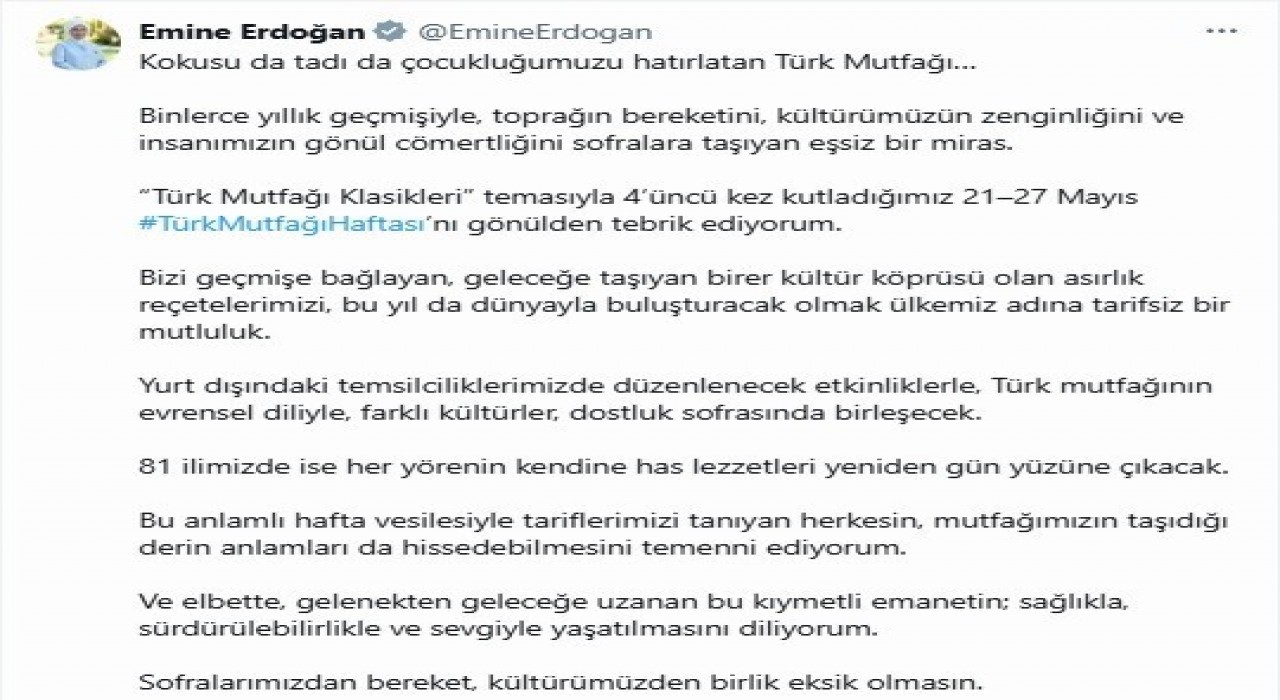 Emine Erdoğandan Türk Mutfağı Haftası paylaşımı
