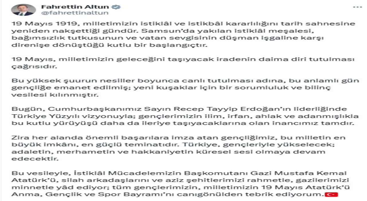 Fahrettin Altundan 19 Mayıs mesajı: Milletimizin istiklal ve istikbal kararlılığıdır