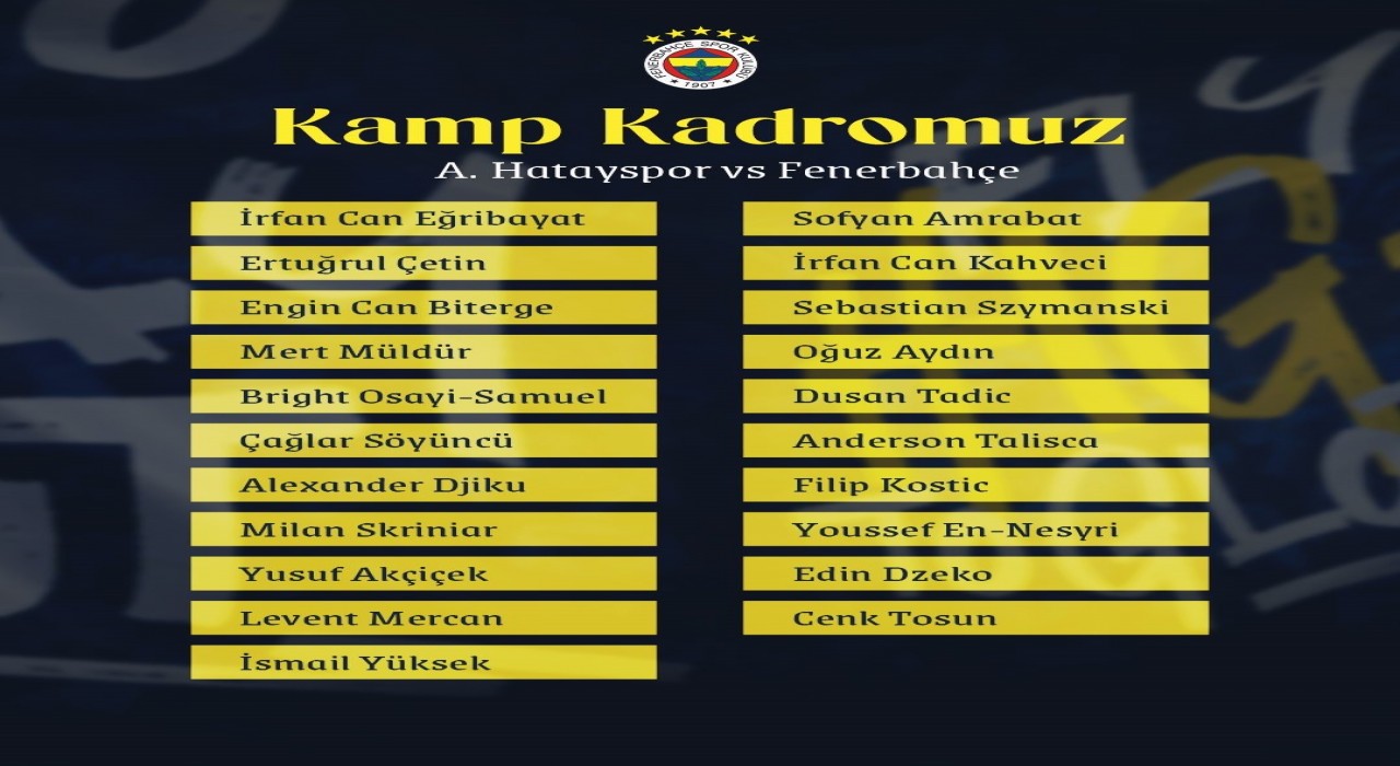 Fenerbahçenin Hatayspor maçı kamp kadrosu açıklandı