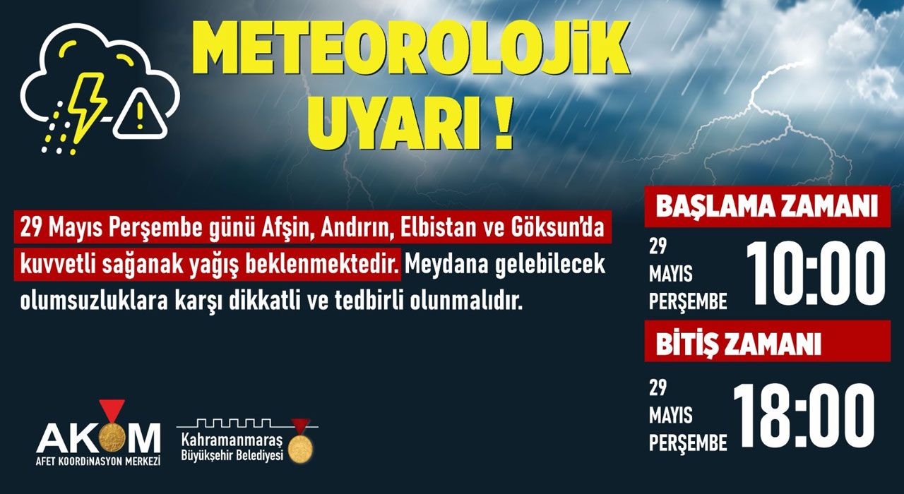 Kahramanmaraş'ın Kuzey İlçelerinde Kuvvetli Sağanak Yağış Bekleniyor