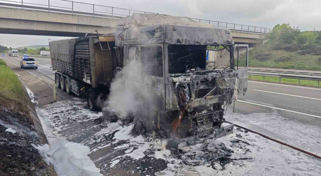 Lastiği patlayarak alev alan tır küle döndü