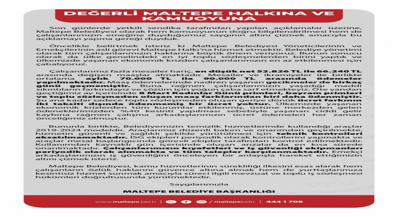 Maltepe Belediyesi: Ekonomik krizden işçilerimizin en az etkilenmesi için çabalıyoruz