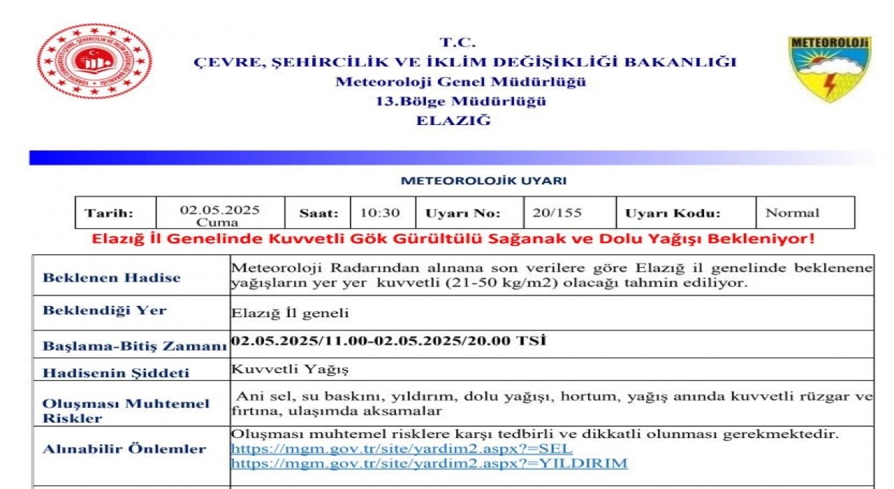 Meteorolojiden Elazığa kuvvetli yağış uyarısı